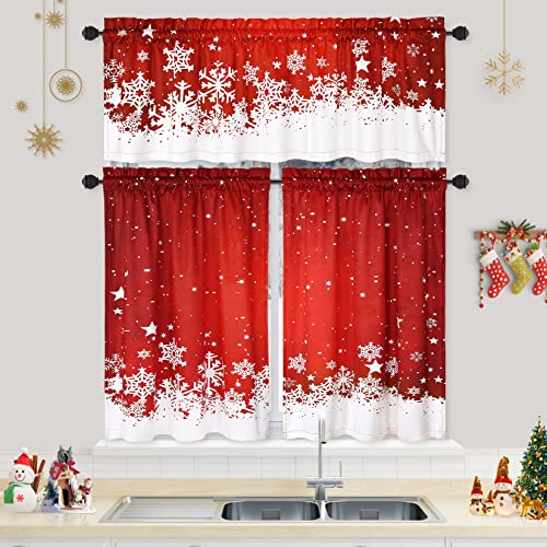 Christmas Velvet Kitchen Curtain Valance with Snowflake Pattern - Red, 52x15 Inches