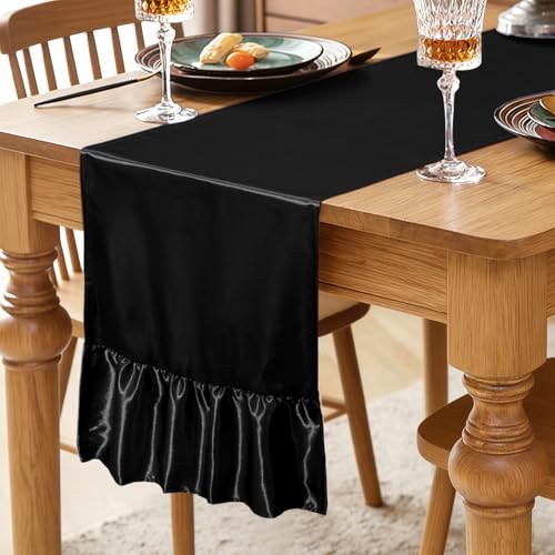 Black Satin Table Runner 2 Pack, 12x108 Inch Ruffle Design