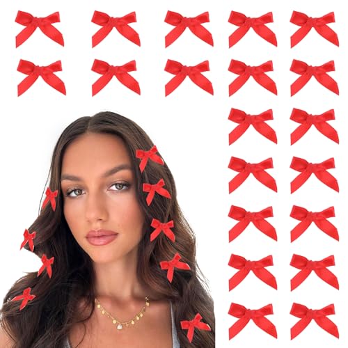 COMNICO 20PCS Mini Bow Hair Clips Satin Metal Barrettes Red