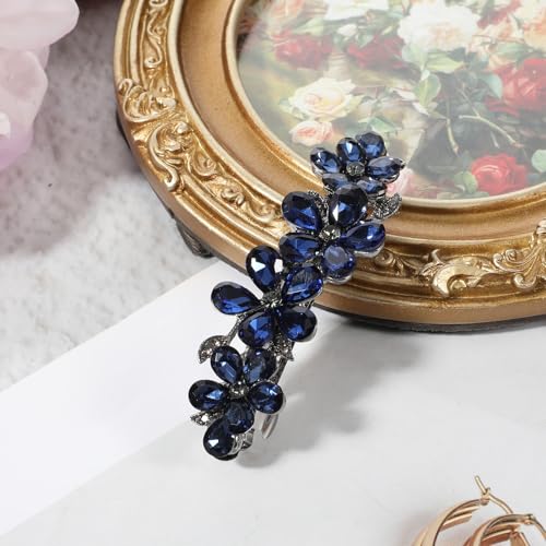 Blue Crystal Flower Hair Barrette Rhinestone Wedding Clip for Women