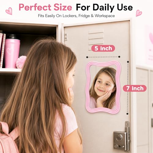 MR.MATE Pink Magnetic Locker Mirror - 5x7 Small Glass for School & Office
