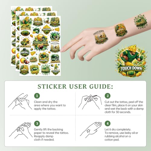 Football Temporary Tattoos 6 Sheets, Green Rugby Party Favors for Teens