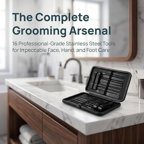 16-in-1 Professional Manicure & Pedicure Grooming Kit in Matte Black