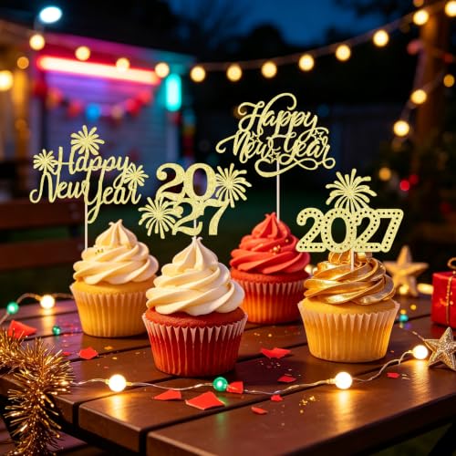 Happy New Year Gold Glitter Cupcake Toppers - 24 Pack, Variation 9