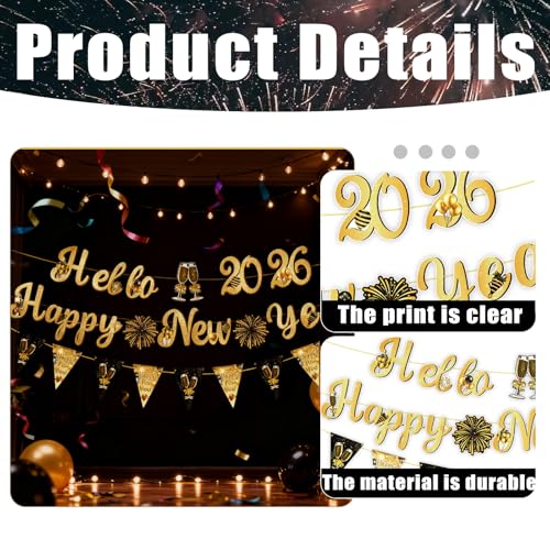 Happy New Year Party Banner - Black & Gold 12ft Decoration