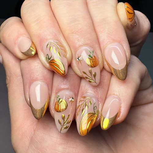 Fall Press on Nails Medium Almond Gold French Tip Fake Nails 24Pcs