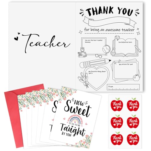 Teacher Appreciation Cards 6 Pack - Thank You Greeting Cards with Envelopes