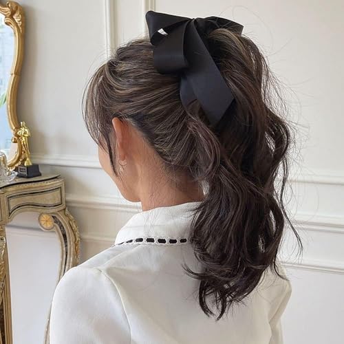 Black Satin Ribbon Bowknot Banana Clip Vertical Ponytail Holder
