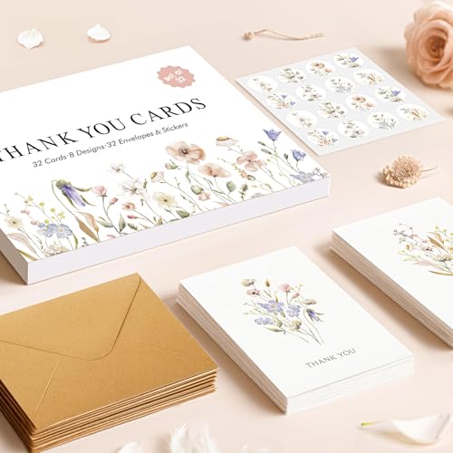 Wildflower Thank You Cards with Envelopes & Stickers - 32 Pack