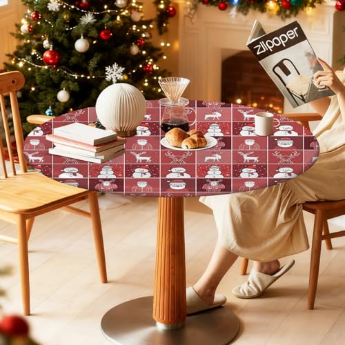 Christmas Round Fitted Tablecloth 54-58 Inch Fits 60 Inch Santa Design