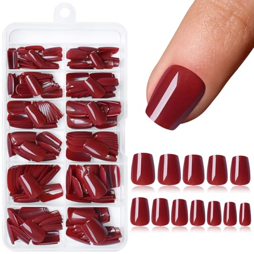 Short Press on Nails Burgundy Coffin Glossy False Nails 240pcs