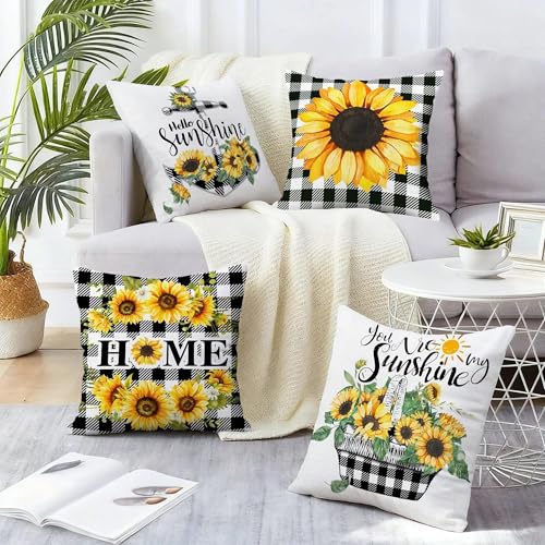 Sunflower Pillow Covers 18x18 (Pack of 4) - Soft Decorative Cushions