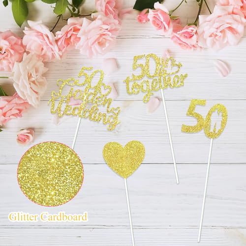 50th Anniversary Centerpiece Sticks - 12 Pcs Double-Sided Glitter Hearts
