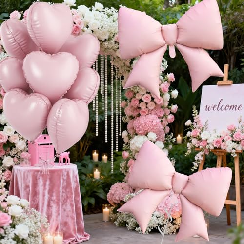 Pink Heart and Bow Balloons Set - 18 in for Baby Showers & Birthdays