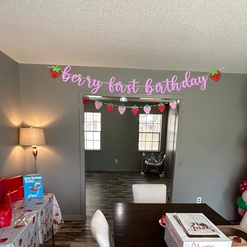 Glitter Strawberry First Birthday Banner - Sweet Berry Party Decor