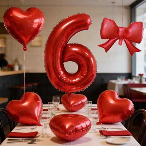Red Number Balloons Set - 32 Inch Mylar Foil with Bow & Heart
