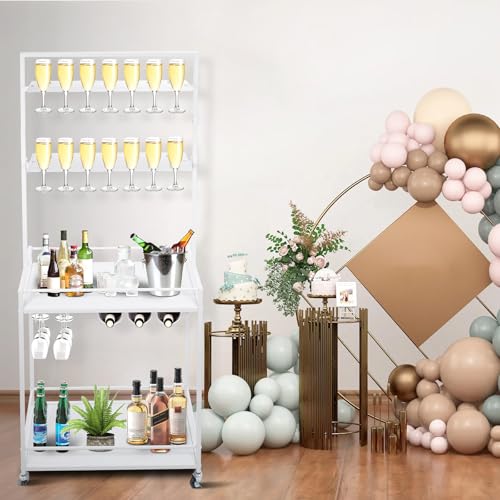 Champagne Wall Holder with 28 Glasses & Storage Cart for Parties