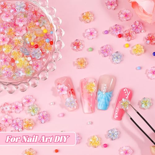 300Pcs Flower Nail Charms Kit with 3D Cherry Resin Charms Pearls and Macaron Beads