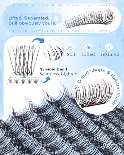 PHKERATA Wispy Lash Clusters with Clear Band C Curl DIY Individual Eyelashes