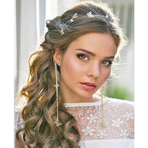 AHONEY Gold Butterfly Rhinestone Headband with Long Tassels Crystal Headpiece