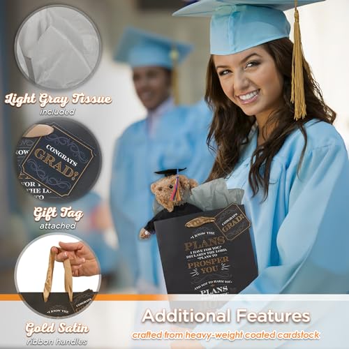 Graduation Gift Bag with Tissue Paper and Gift Tag - Black & Gold Celebration Theme