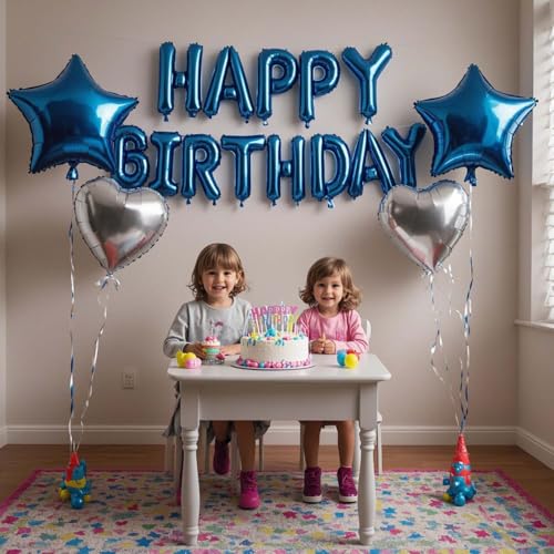 WEIKA Blue Silver Birthday Decorations Kit with 3D Letter Balloons & Foil Balloons