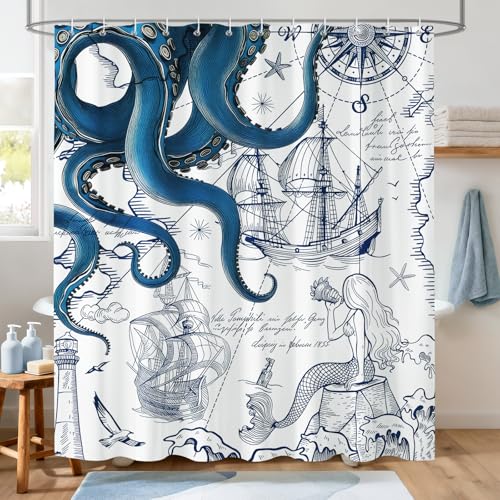 Blue Nautical Octopus Mermaid Shower Curtain 72x72 inch Waterproof Coastal Decor