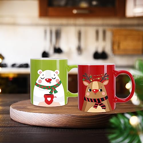 Christmas Ceramic Mug Set 6 Pack - Santa Snowman Reindeer & Penguin 12oz Holiday Coffee Cups