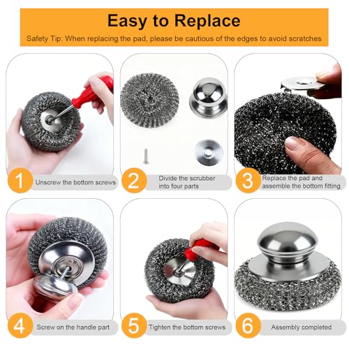 6pcs Stainless Steel Wool Scrubber Set with Replacement Pads