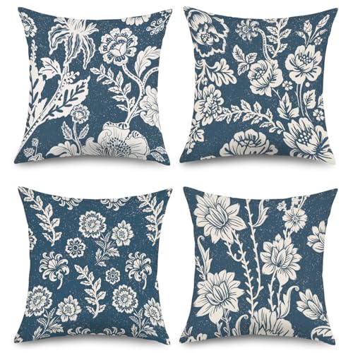 Navy Blue Floral Velvet Throw Pillow Covers - Set of 4, 18x18