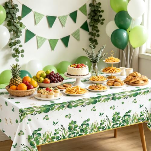TJYJOY 3-Pack Sage Green Eucalyptus Leaf Plastic Tablecloths 51x86 In