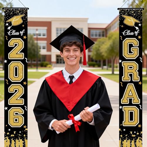 Class of 2026 Graduation Banner - Black and Gold Porch Decoration with Hooks