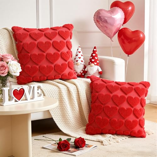 Aolime Valentine's Day Red Heart Pillow Covers, 18x18 Set of 2