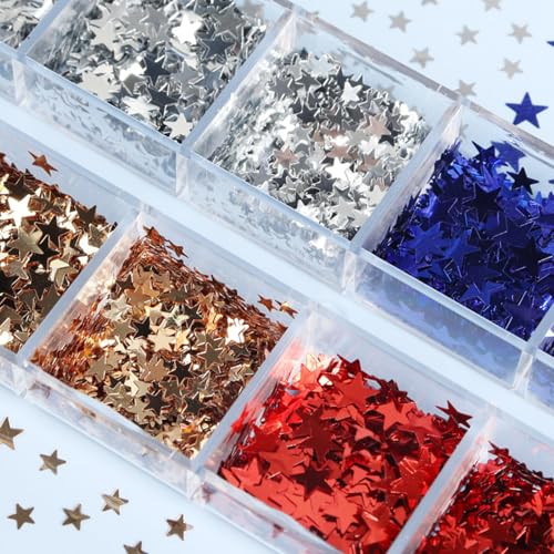 MIXFOSAHN 4th of July 3D Holographic Star Nail Art Sequins & Glitters, 12 Grids