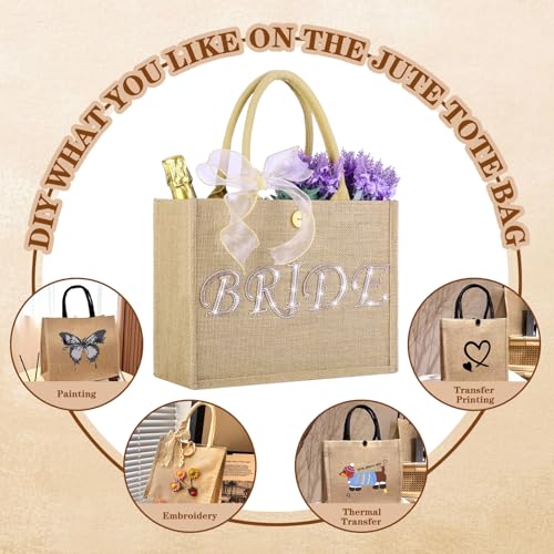 Large Jute Bride Tote Bag with Gold Trim & Ribbon - Wedding Gift