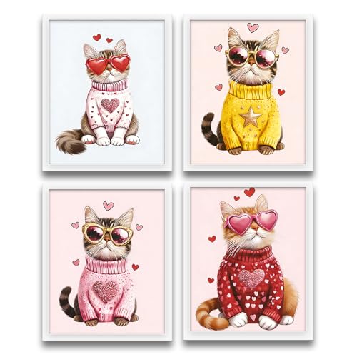 Retro Cat Wall Art Prints Set of 4 Funny Trendy Kitty Pictures 8x10