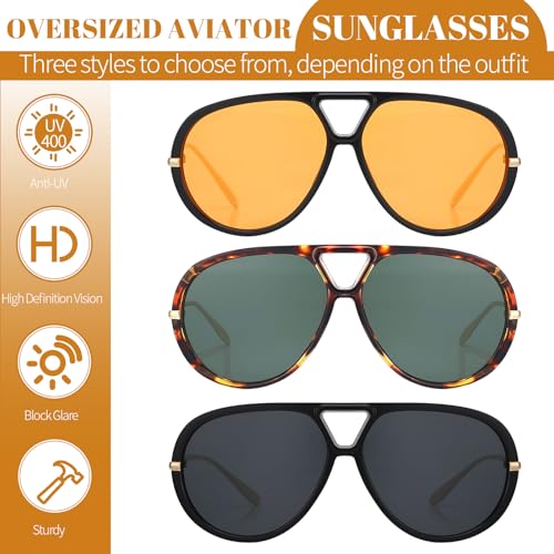 3 Pack Oversized Sunglasses for Women Men,UV400 Double Bridge Retro Fashion Large Big Frame 70s Vintage Shades