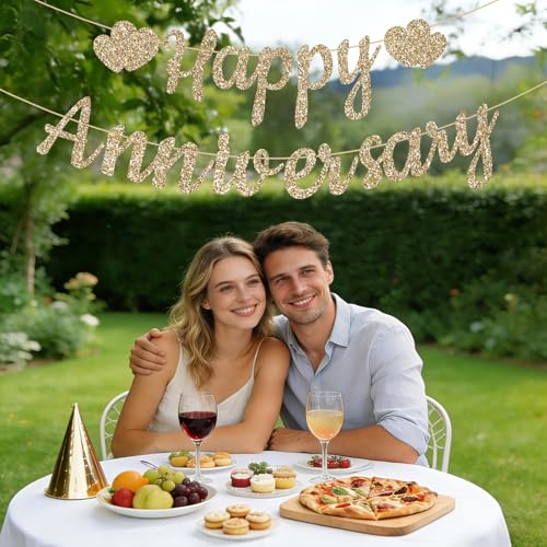 Pre-Strung Gold Glitter Happy Anniversary Banner | Wedding Decor