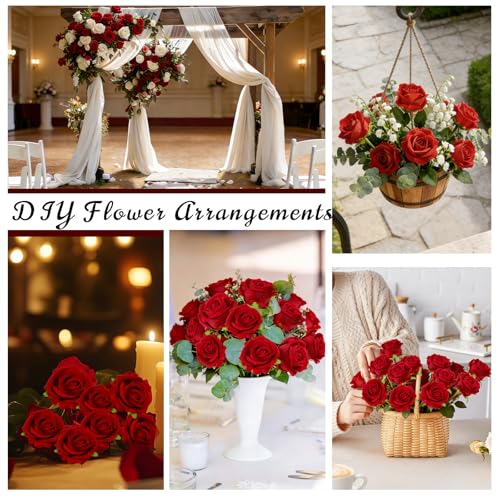 Red Velvet Roses Artificial Flowers - 12 Pcs for Home Decor & Events