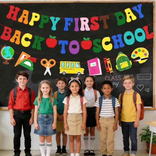 Happy First Day Back to School Banner - Colorful Decor (Red, Purple, Green, Blue, Grey, Pink)