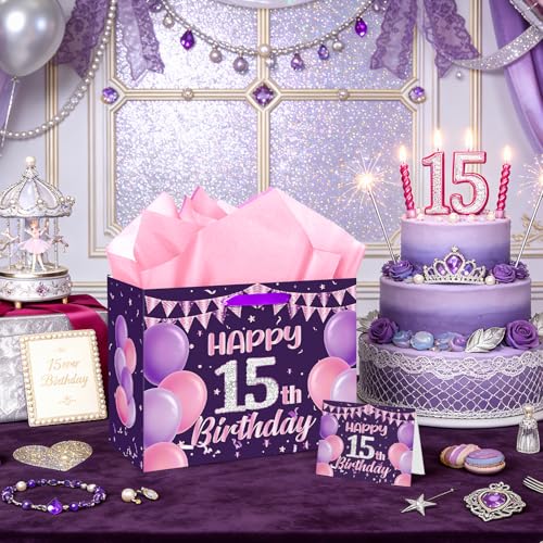 Happy 15th Birthday Gift Bag Set for Girls - Purple & Pink
