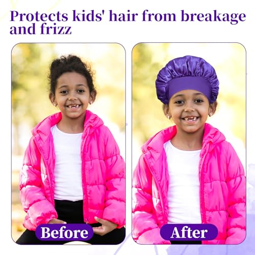 Ajcotahm 3-Pack Satin Sleep Bonnets for Kids - Silk Hair Caps with Wide Bands