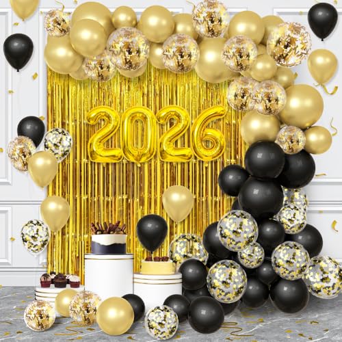 2026 New Year Decorations Kit - 89pcs Black & Gold Party Supplies