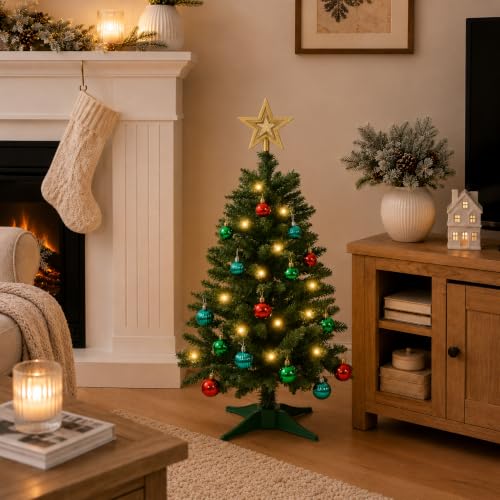 Green 3ft Artificial Christmas Tree with 9 Lighting Modes - Mini Tabletop Xmas Tree