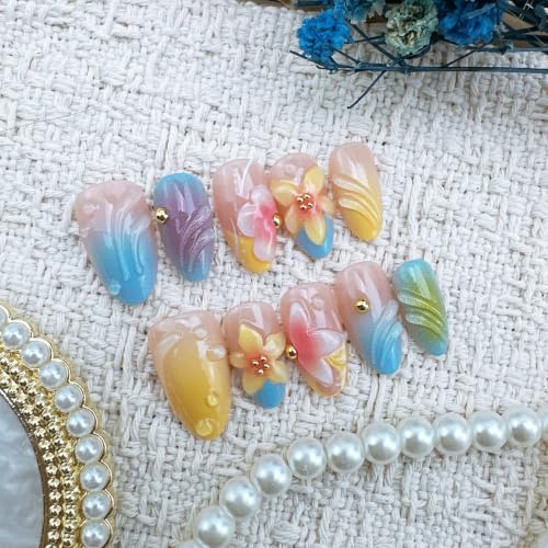 Short Almond Press On Nails 3D Flower French Tip Acrylic False Nails