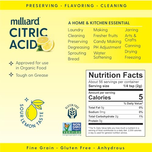 Milliard Citric Acid Powder, 100% Pure Food Grade, 4 Ounce Resealable Bag