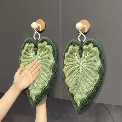 2 Green Leaf-Shaped Hand Towels with Hanging Loop - Kitchen & Bathroom Decor