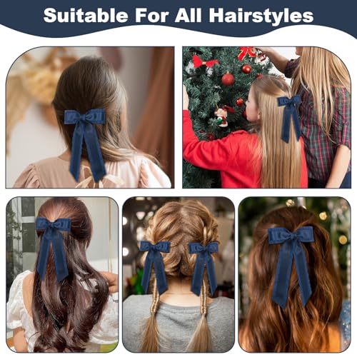 Navy Blue Hair Bows with Long Tassel Ribbons 2Pcs Hair Clips