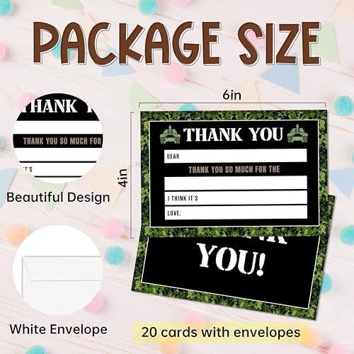 Military Camo Thank You Cards with Envelopes, 20 Pcs Army Party Notes