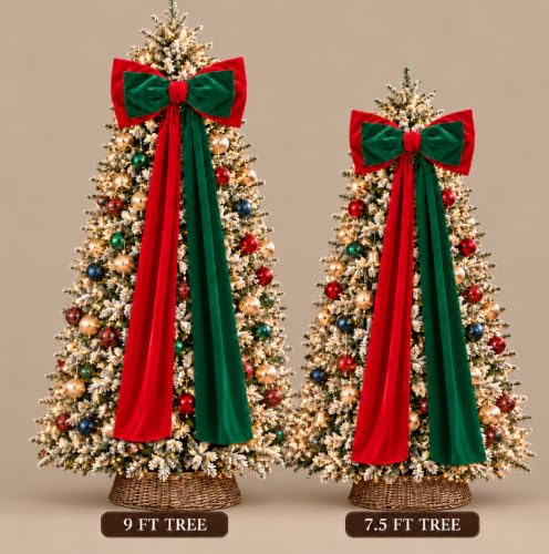 Extra Large Christmas Bow Tree Topper 23x78 Inches Red and Green Velvet Decor